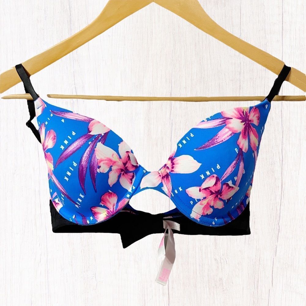 32C PINK Wear Everywhere T-Shirt Bra Lightly Lined Blue Floral Tropical